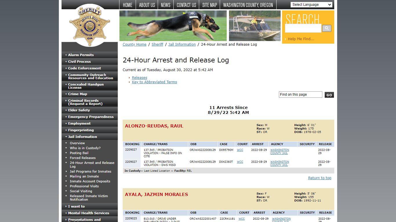 24-Hour Arrest and Release Log - Washington County, Oregon